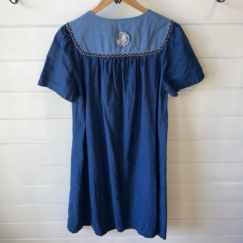 Go Softly Patio Dress Denim 100% Cotton Embroidered Snap Front w/ Pockets Size S - Picture 5 of 7